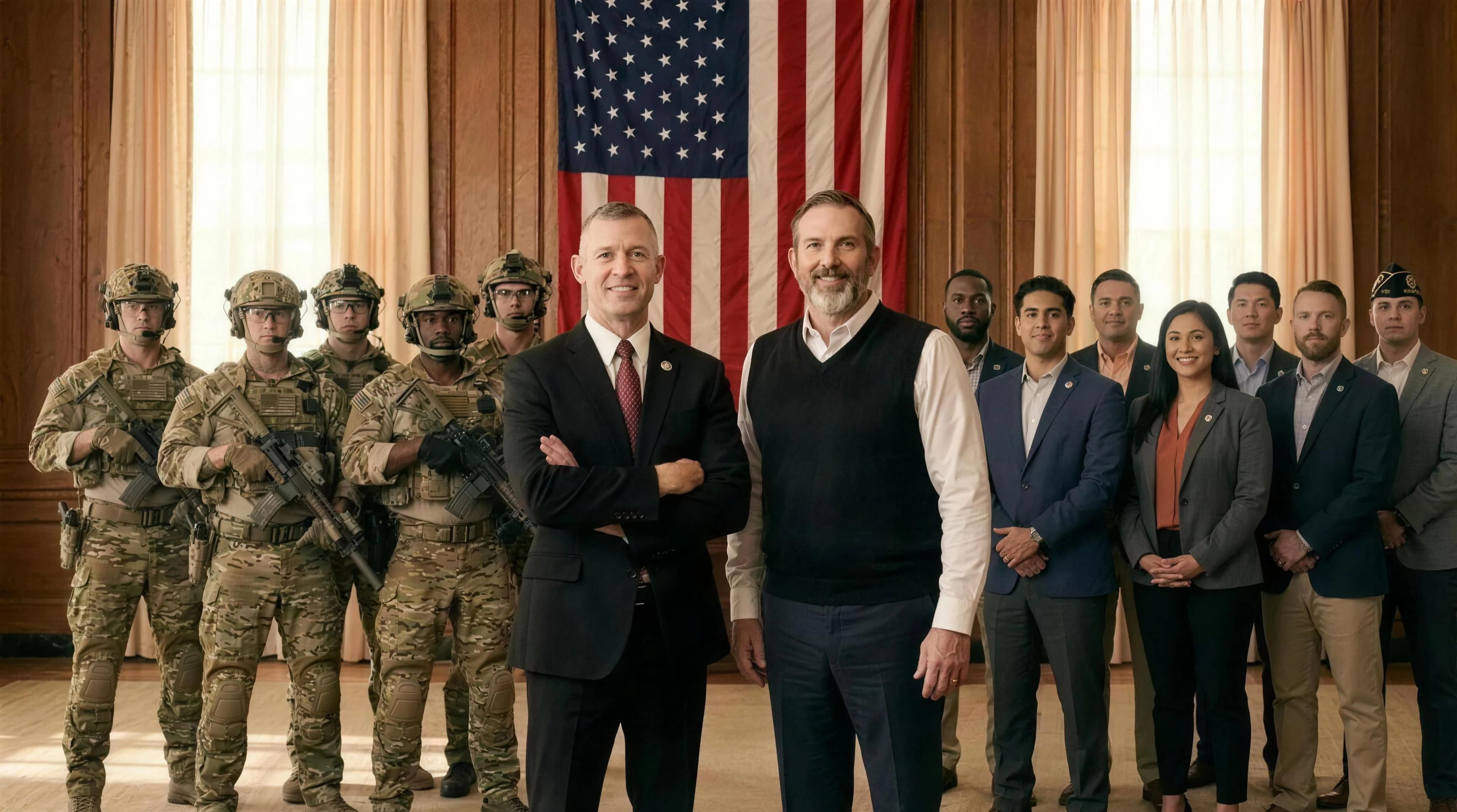 Chris Hallberg and Michael Kracyla with military operators and civilian hires in front of an American flag