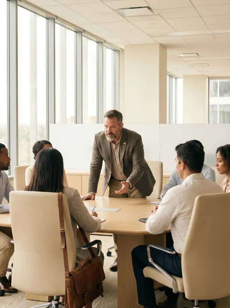 A military veteran leading a discussion at a conference table with a diverse team