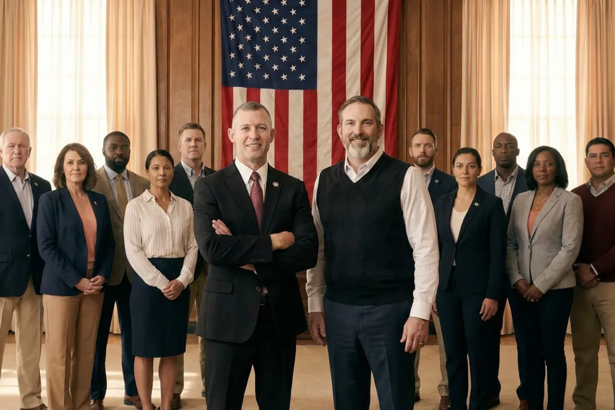 Professionals standing in front of an American flag